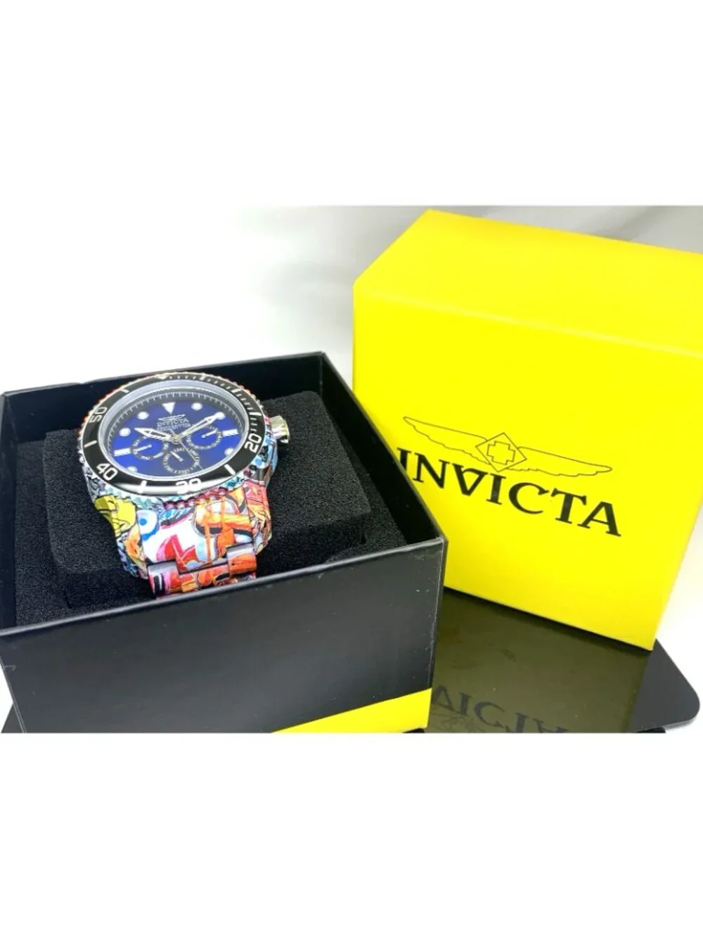 Invicta Mens Watch 47856 Pro Diver Graffiti Quartz Blue Dial Day Date Steel 48mm